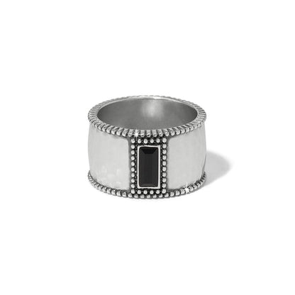 Brighton silver-plated wide band ring with hammered finish, beaded edges, and black crystal baguette on a white background
