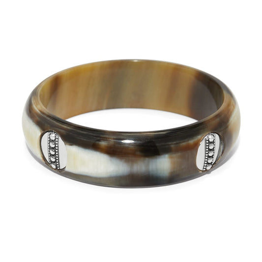 Brighton bangle bracelet in buffalo horn with brown and cream swirls and silver-plated accents on a white background