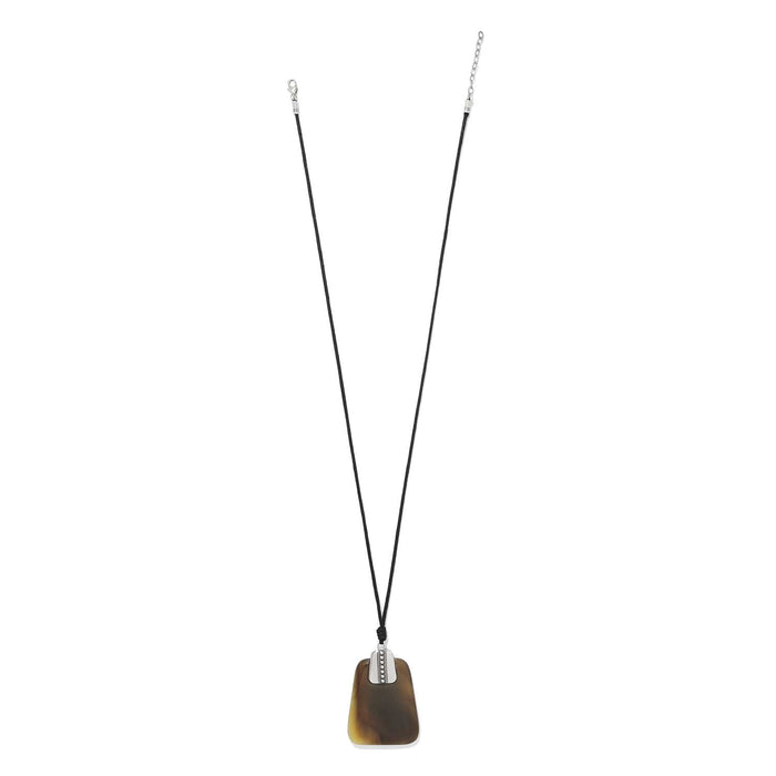 Brighton pendant necklace with buffalo horn pendant, silver-plated accent, and black cord on a white background