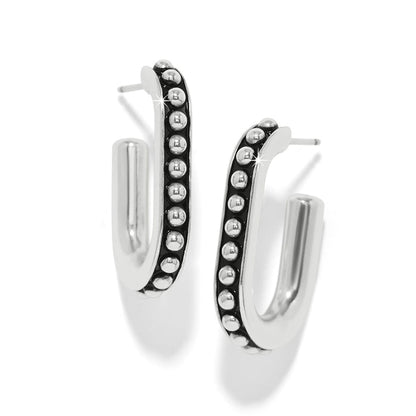 Brighton silver-plated oval hoop earrings with row of polished beaded accents along the front on a white background