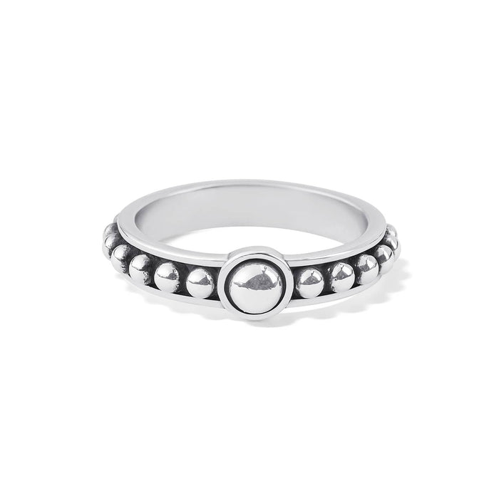 Brighton silver-plated ring with polished round center bead and beaded band detail on a white background