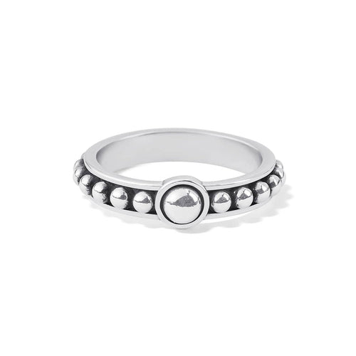 Brighton silver-plated ring with polished round center bead and beaded band detail on a white background