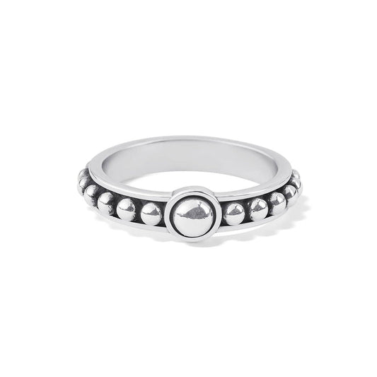 Brighton silver-plated ring with polished round center bead and beaded band detail on a white background