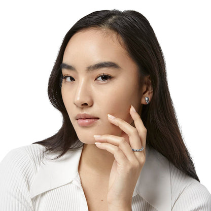 Model wearing Brighton silver-plated stud earrings with pearl accents paired with a silver-plated beaded ring