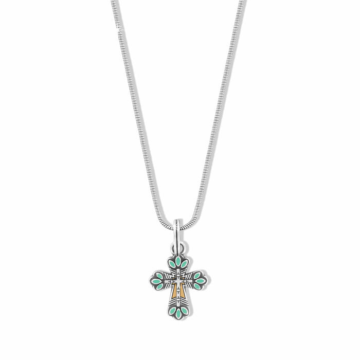 Brighton pendant necklace with silver-plated cross featuring turquoise enamel accents and gold detailing on a white background