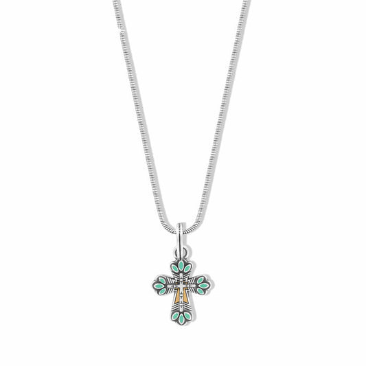 Brighton pendant necklace with silver-plated cross featuring turquoise enamel accents and gold detailing on a white background