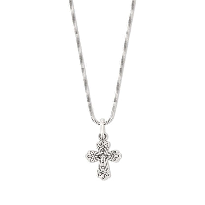 Brighton pendant necklace with silver-plated cross featuring engraved details on a snake chain on a white background