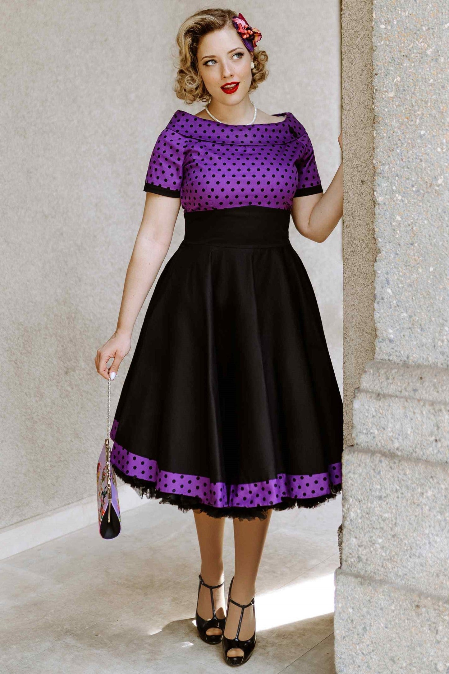 Darlene Purple & Black Polka Dot Circle Dress