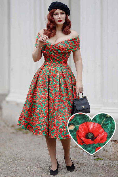 Beverly Red Poppy Garden Off Shoulder Dress