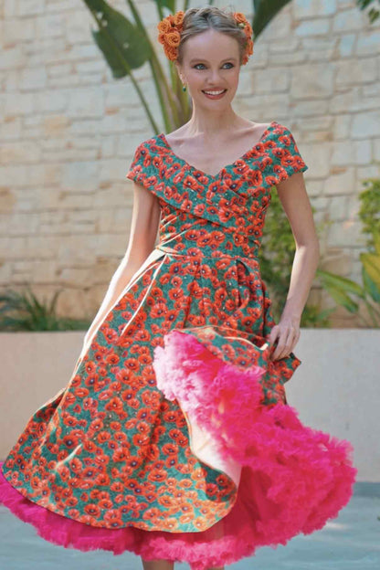 Beverly Red Poppy Garden Off Shoulder Dress