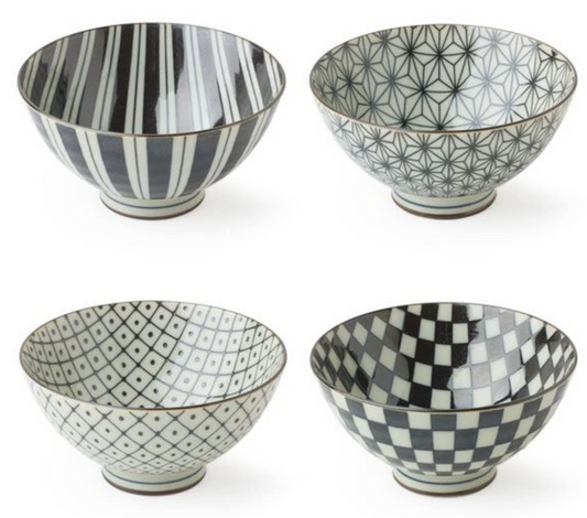 Retro Black & White Rice Bowl Set