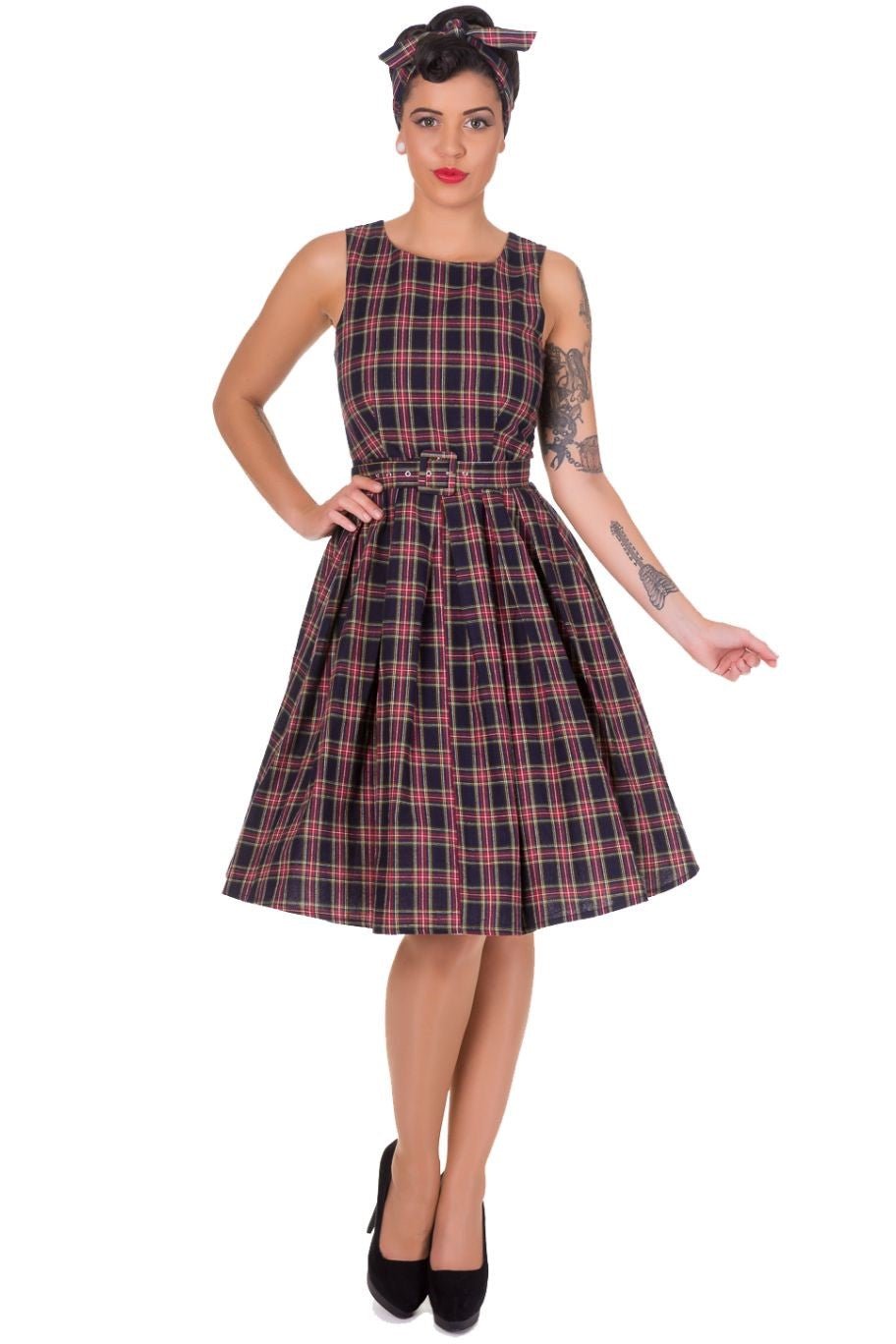 Annie Retro Check Swing Dress in Dark Blue & Red