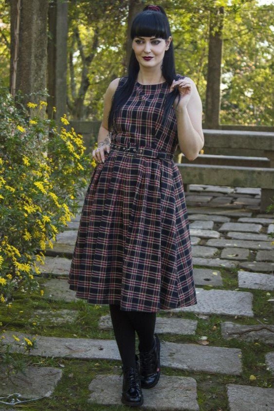 Annie Retro Check Swing Dress in Dark Blue & Red