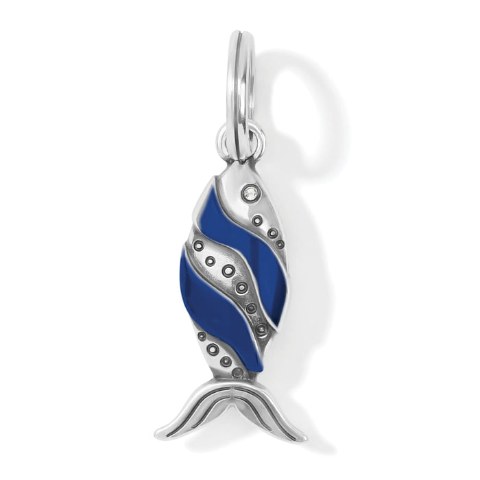 Brighton fish charm with blue enamel wave inlay, silver-plated finish, and crystal accent on a white background