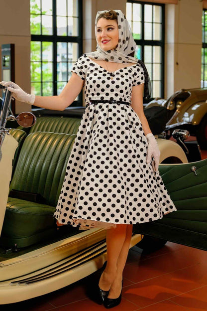 Lily Retro Off Shoulder White Polka Dot Swing Dress