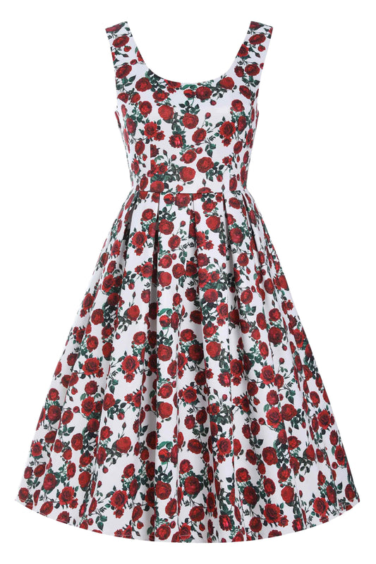 Amanda Retro Red Rose Dress In White