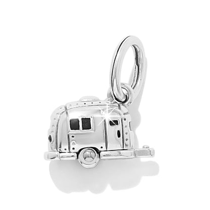 Brighton camper trailer charm with silver-plated finish, enamel window details, and round bail loop on a white background