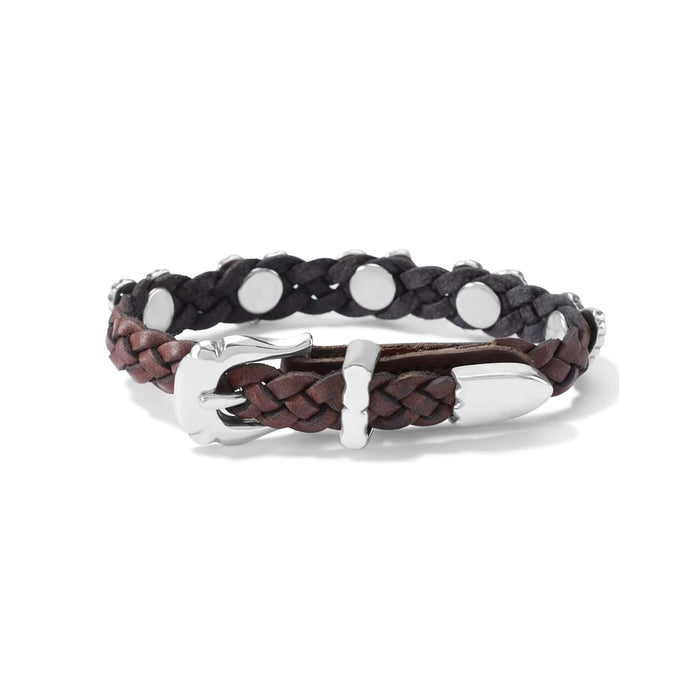 Brighton braided leather bracelet in brown with silver-plated buckle closure and round stud accents on a white background