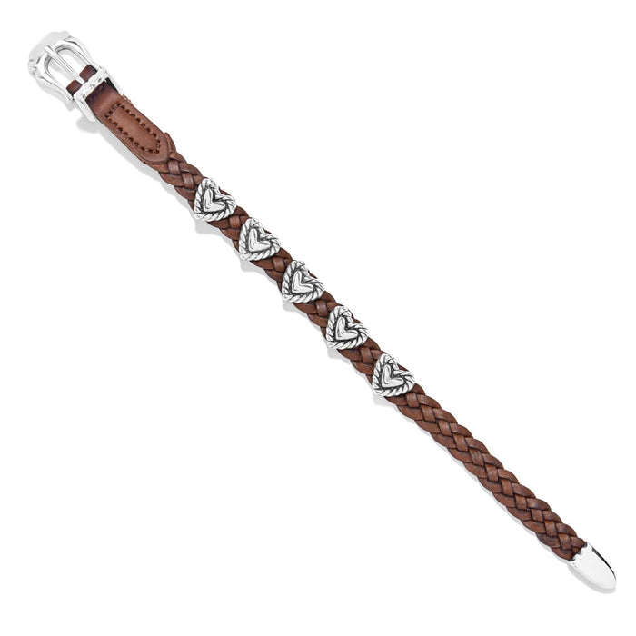 Brighton braided brown leather bracelet with five silver-plated heart stations and buckle closure on a white background