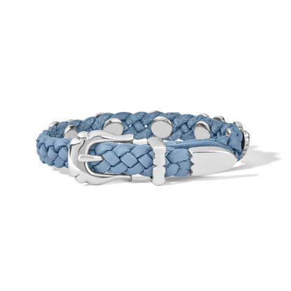 Brighton braided light blue leather bracelet with silver-plated buckle closure and stud accents on a white background