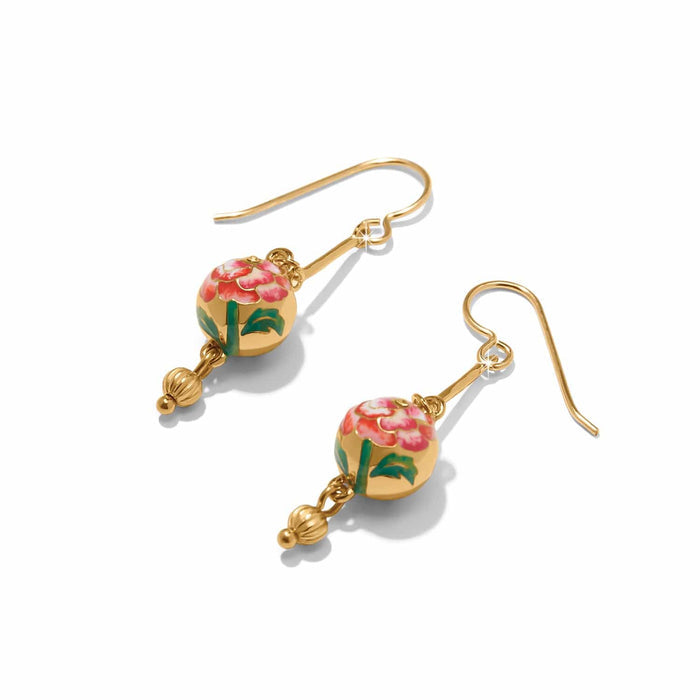 Brighton drop earrings with gold-plated beads featuring pink enamel floral design and small bead accents on a white background