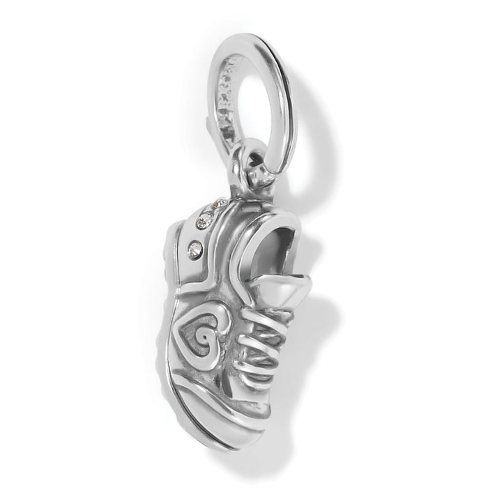 Brighton sneaker charm with silver-plated finish, crystal accents, and swirl detail on a white background