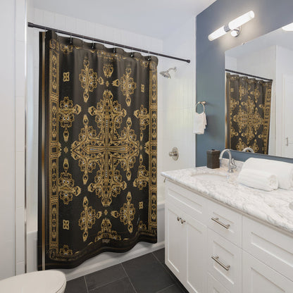 Russian Baroque Shower Curtain Gold Cross Curtain Bathroom Curtain | D20039