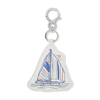 Brighton leather bag charm with illustrated sailboat print, crystal accents, and silver-tone clasp on a white background