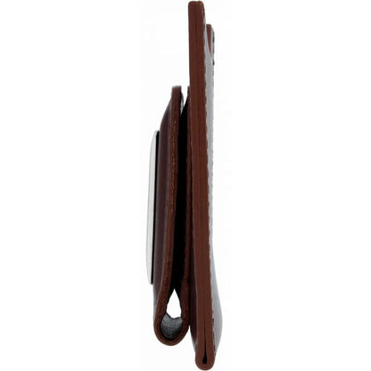 Brighton brown leather wallet shown from the side with stitched edges and slim profile on a white background