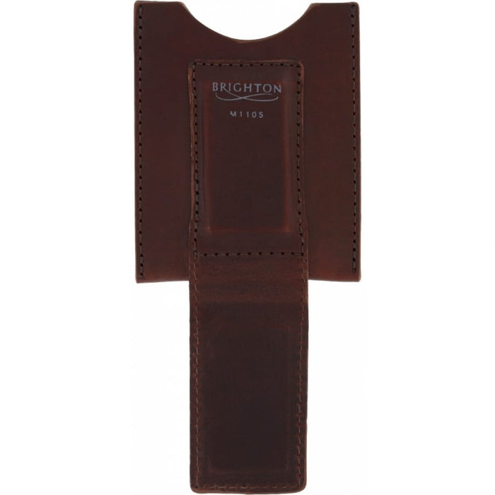 Brighton brown leather money clip wallet with stitched edges and embossed logo panel on a white background