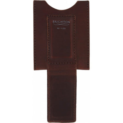 Brighton brown leather money clip wallet with stitched edges and embossed logo panel on a white background