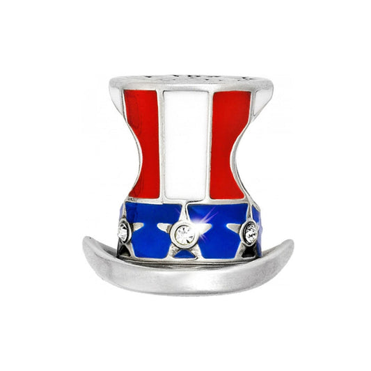 Brighton charm shaped like a patriotic top hat with red, white, and blue enamel and crystal accents on a white background