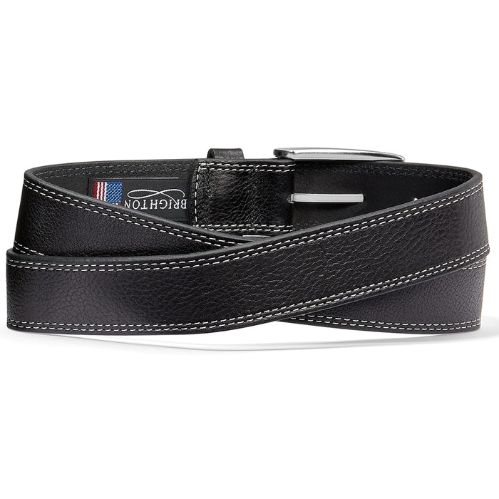 Brighton black leather belt with white contrast stitching and silver-tone buckle, coiled on a white background