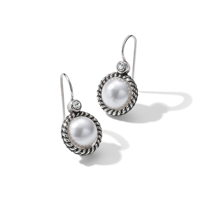 Brighton drop earrings with glass pearls framed in silver-plated rope borders and crystal accents on a white background