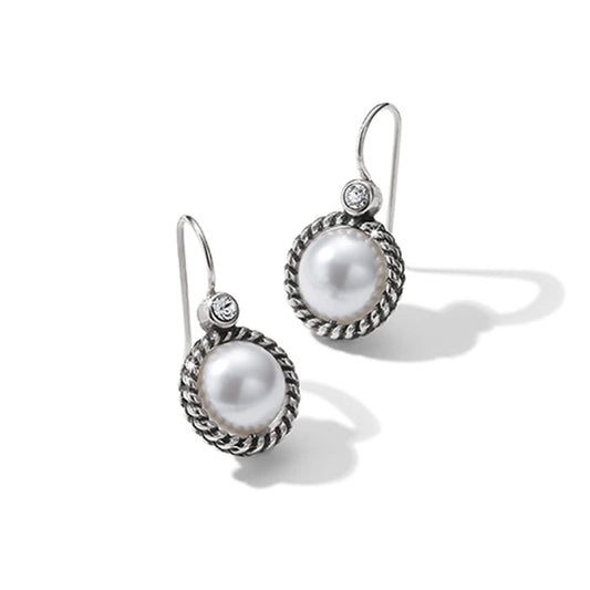Brighton drop earrings with glass pearls framed in silver-plated rope borders and crystal accents on a white background