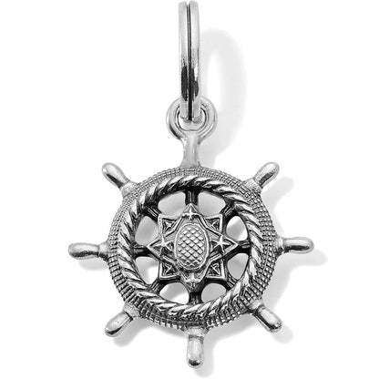 Brighton ship's wheel charm with silver-plated rope-textured rim, spokes, and star center medallion on a white background