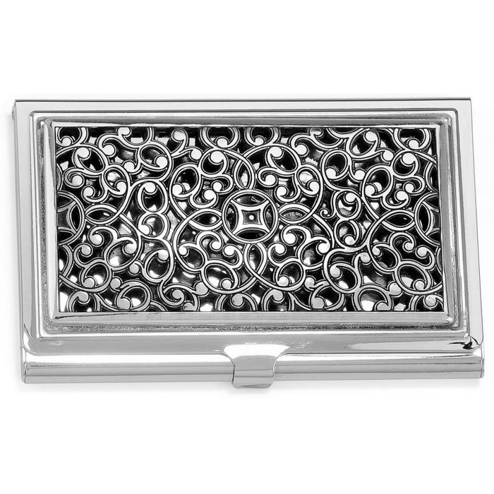 Brighton business card case with silver-tone ornate scrollwork filigree design and polished frame on a white background