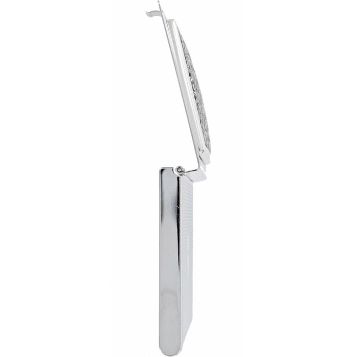 Brighton silver-tone compact mirror shown open from the side view with ridged handle detail on a white background