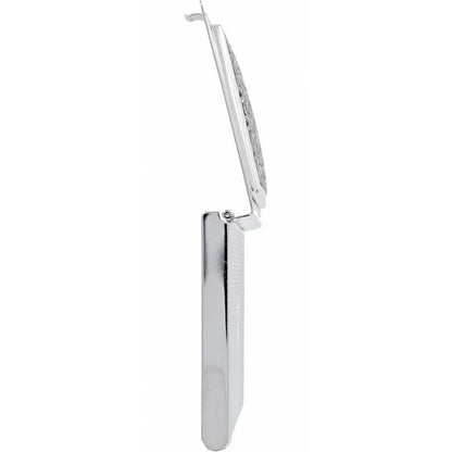 Brighton silver-tone compact mirror shown open from the side view with ridged handle detail on a white background