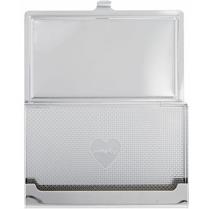 Brighton silver-tone business card case shown open with textured interior and embossed heart emblem on a white background