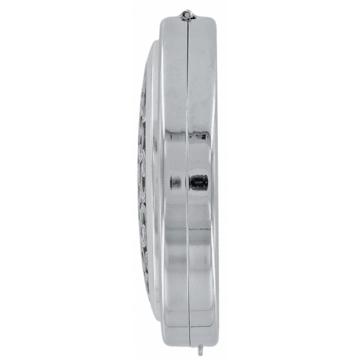 Brighton compact mirror shown from the side with polished silver-tone finish and hinged closure on a white background