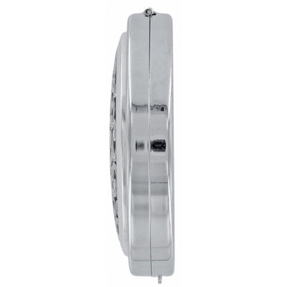 Brighton compact mirror shown from the side with polished silver-tone finish and hinged closure on a white background