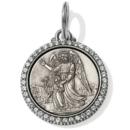 Brighton silver-plated round charm with embossed guardian angel design and crystal-set border on a white background