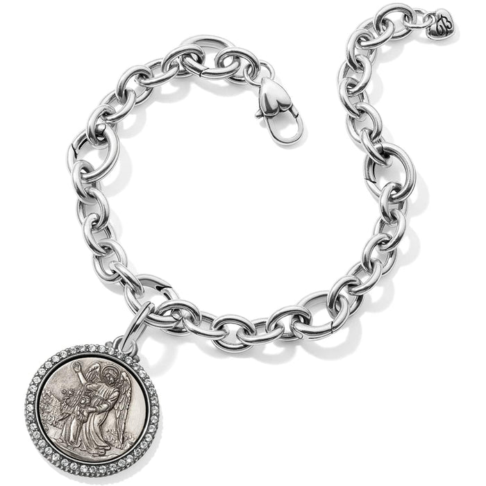 Brighton charm bracelet with chunky silver-tone chain links and angel medallion charm framed in crystals on a white background