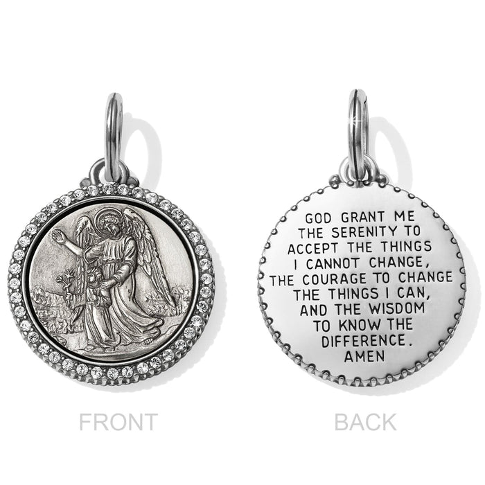 Brighton charm shown front and back with guardian angel design, crystal border, and engraved Serenity Prayer on a white background