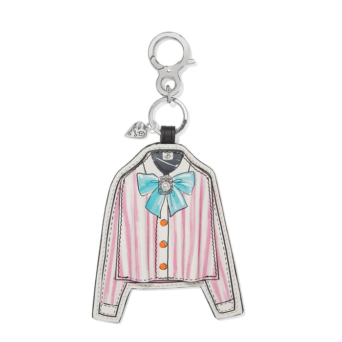 Brighton leather bag charm shaped like a pink striped jacket with blue bow and crystal accent on a white background