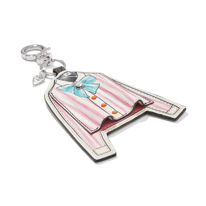 Brighton leather jacket-shaped bag charm with pink stripes, blue bow, and silver-tone clip on a white background