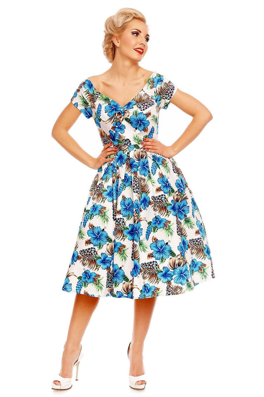 Lily Short Sleeved 50s Pleated Dress in White-Blue Orchid