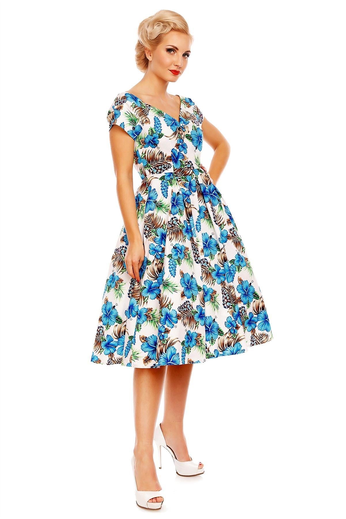Lily Short Sleeved 50s Pleated Dress in White-Blue Orchid