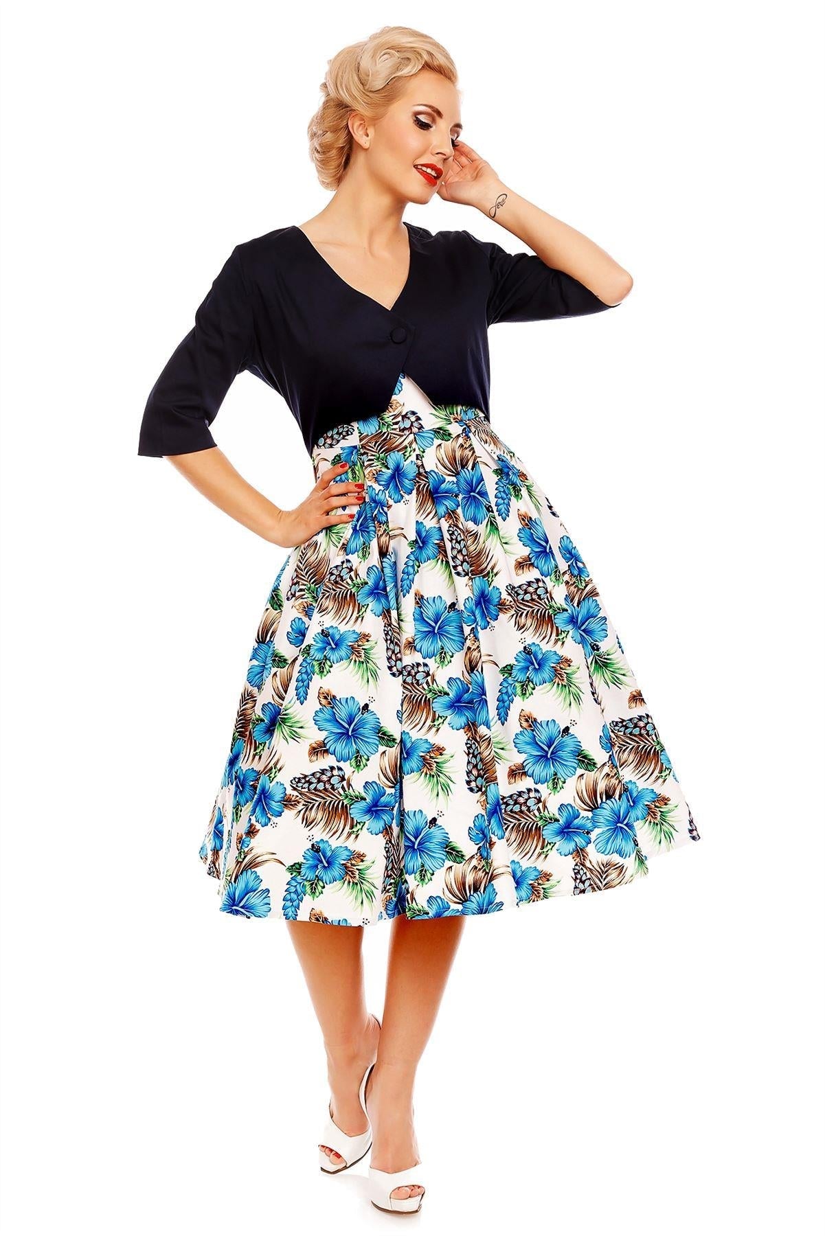 Lily Short Sleeved 50s Pleated Dress in White-Blue Orchid